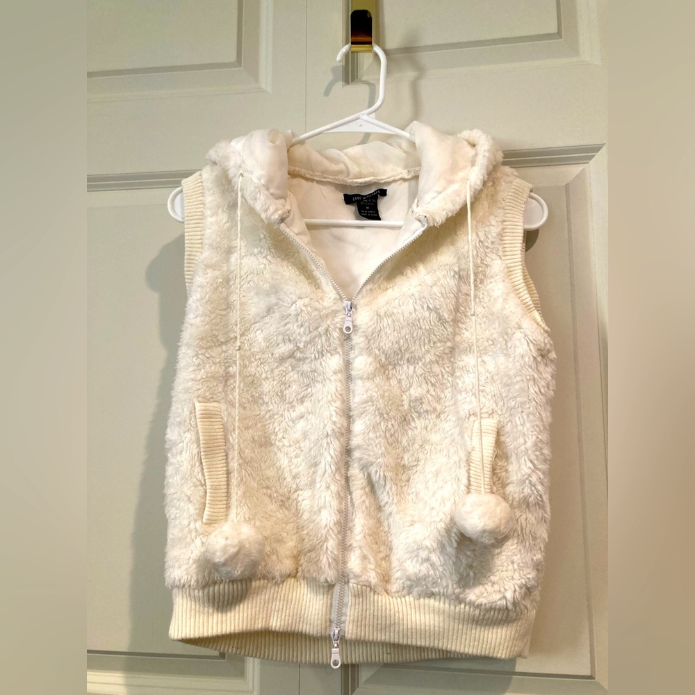 Pre-worn, Double-zip Vest Hoodie, Fluffy White with Pom Pom, Adorable for winter
